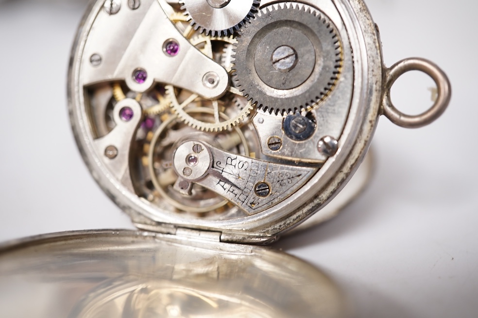 An early 20th century silver Borgel cased manual wind wrist watch(a.f.), one other similar silver half hunter manual wind wrist watch(no strap) and one other similar with a strap. Condition - poor